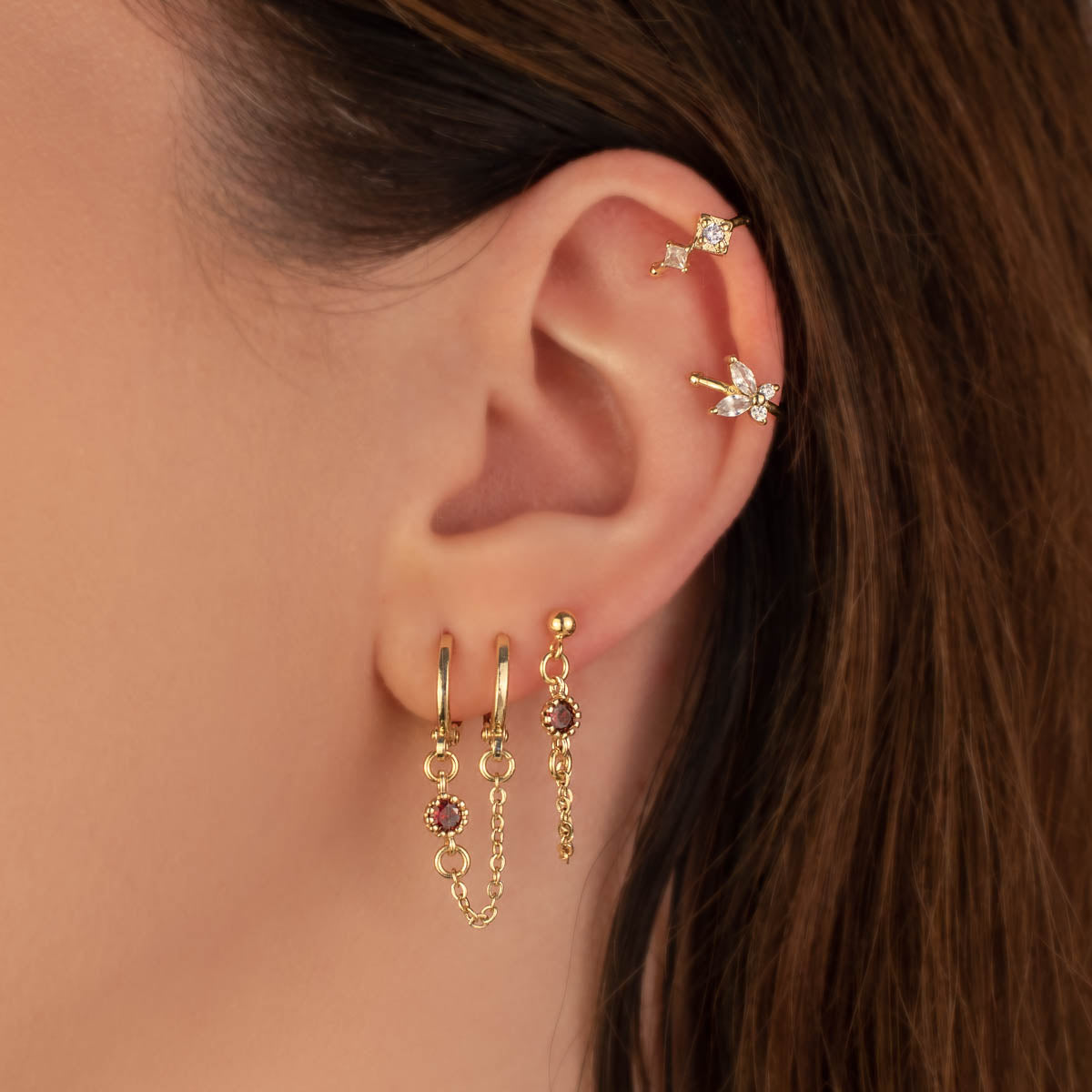Jolie Red Zircon Huggie Chain Earrings