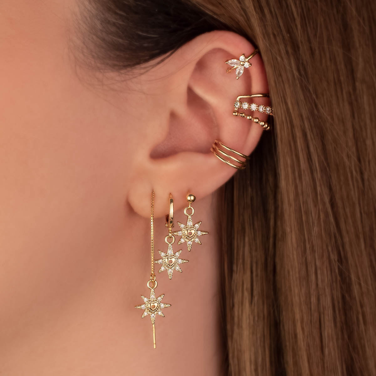 Elaine Heart Sun White Zircon Dangle Studs