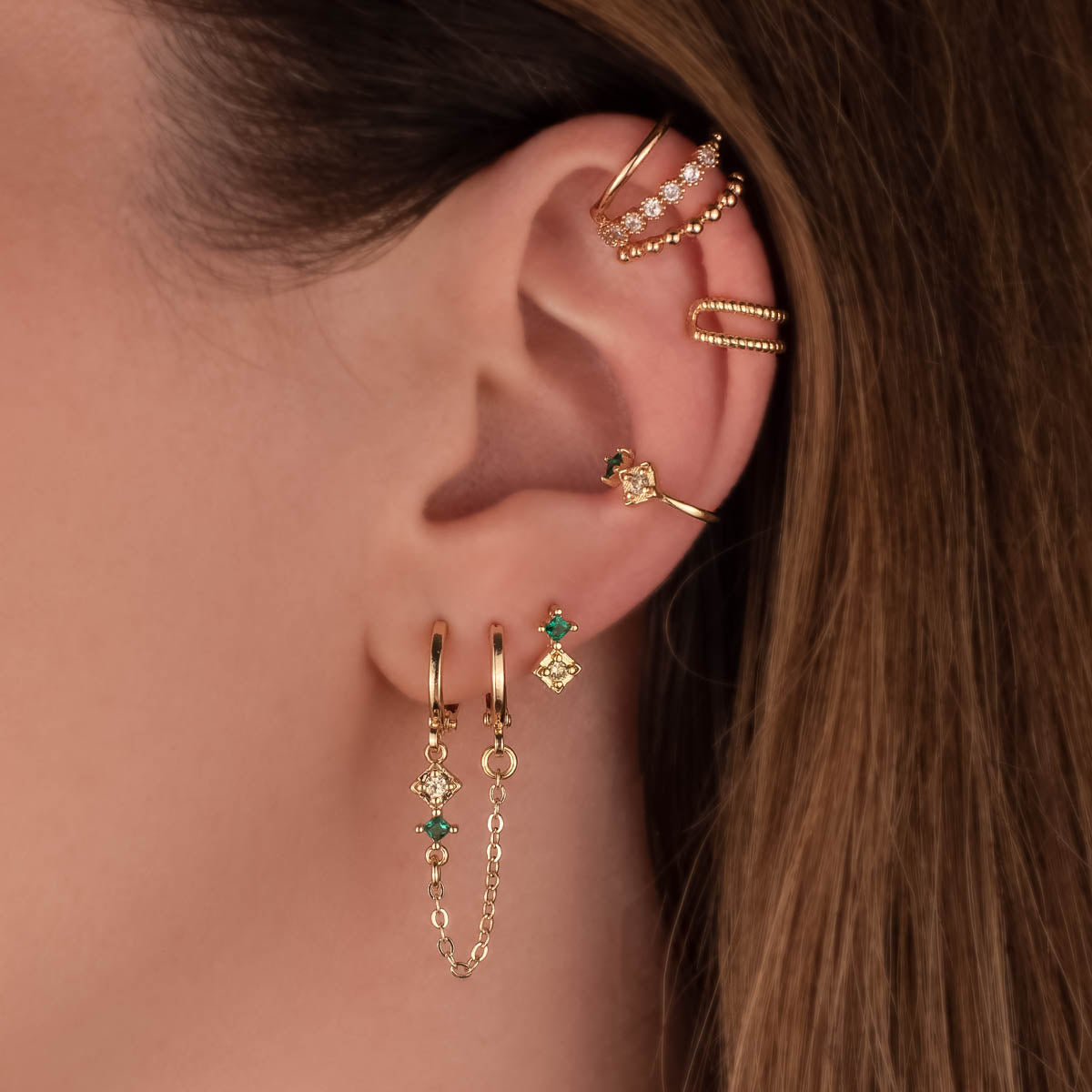Hazel Green and Yellow Zircon Huggie Chain Earrings