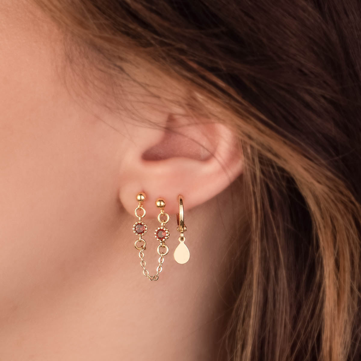 Jolie Red Zircon Double Chain Studs
